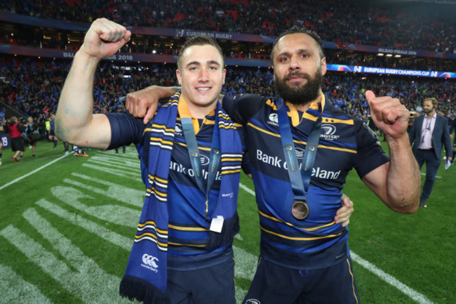 Jordan Larmour and Isa Nacewa celebrate after the game