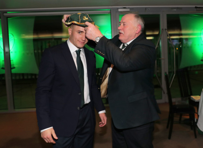 Philip Orr presents Jordan Larmour with his 1st cap