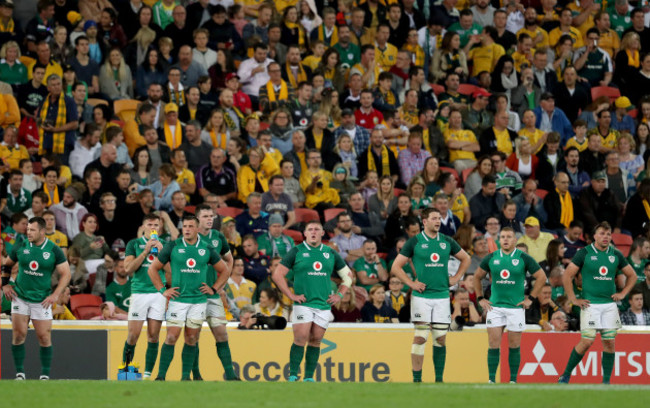 The Ireland players after conceding a try that was later disallowed