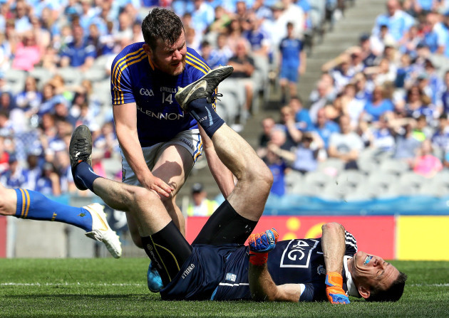 Stephen Cluxton is fouled by James McGivney