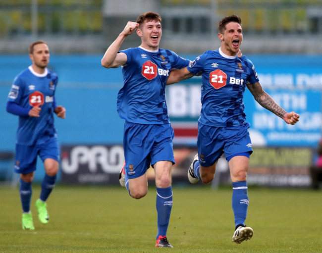 Rory Feely celebrates with Gavan Holohan  after he scored a goal