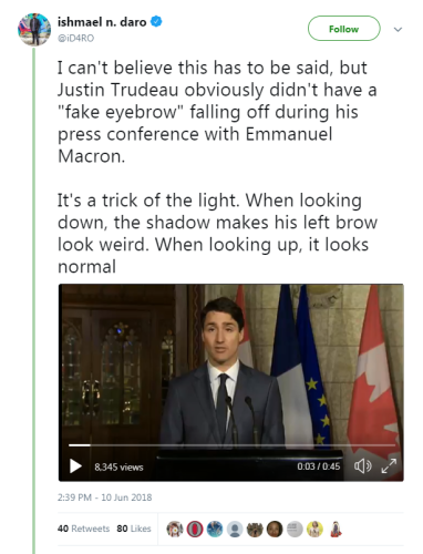 FactCheck: Did Justin Trudeau's eyebrow fall off during a press conference?