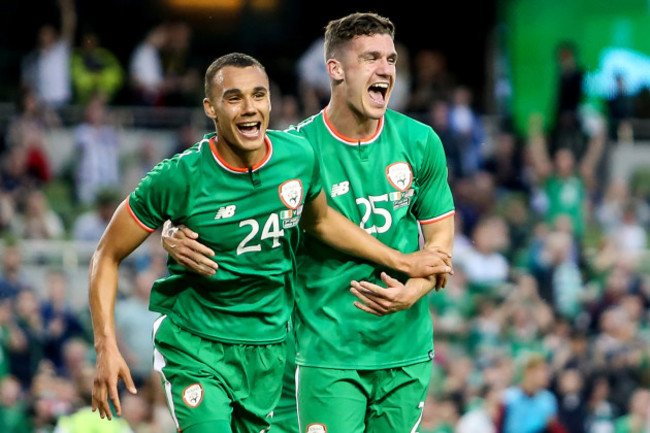 Graham Burke celebrates his goal with Darragh Lennihan