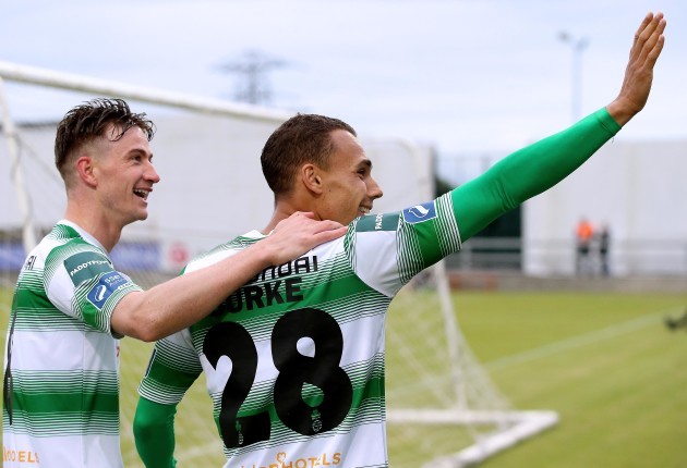 Graham Burke celebrates scoring a goal with Ronan Finn