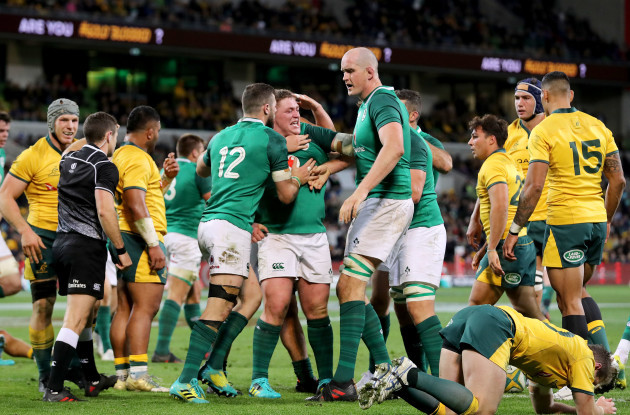Tadhg Furlong celebrates scoring his sides second try with Devin Toner and Robbie Henshaw