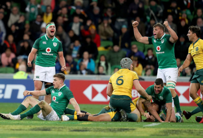 Rob Herring, Jordi Murphy and Rob Kearney celebrate as Referee Paul Williams signals a knock on