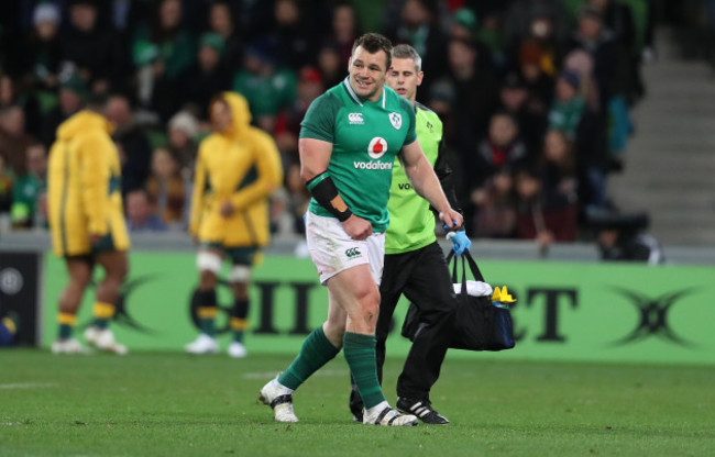 Cian Healy leaves the field with an injury