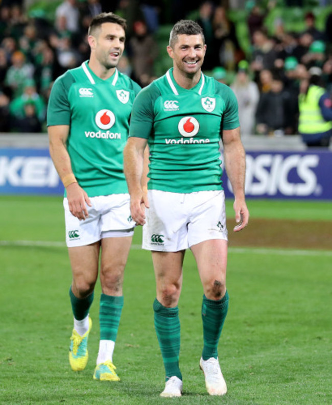 Rob Kearney and Conor Murray celebrate after the game