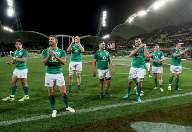 The Ireland players applaud the supporters after the game