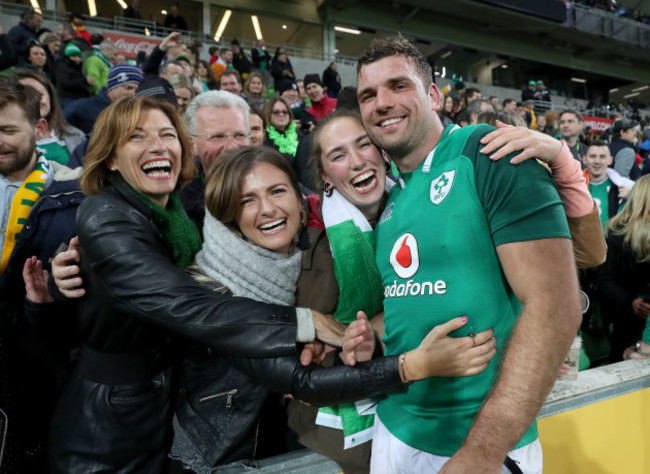 Tadhg Beirne celebrates with mother Brenda, father Gerry and sisters Jennifer, Alannah and Caoimhe