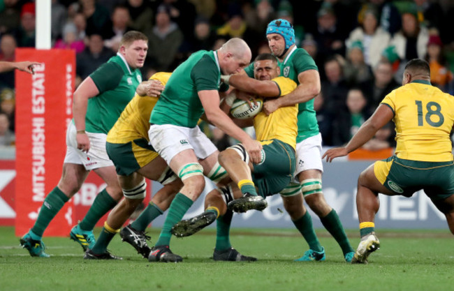 Lukhan Tui tackled by Devin Toner and Tadhg Beirne