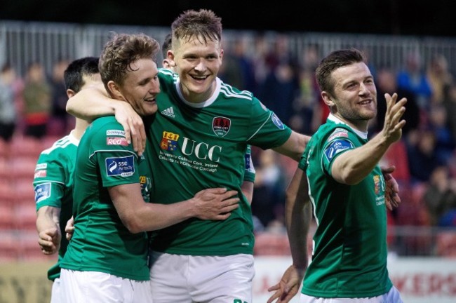 Kieran Sadlier celebrates scoring a late goal with teammates