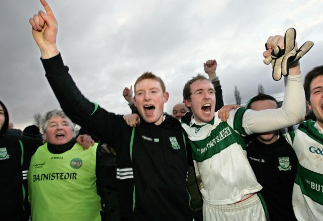 Manager John Mulligan celebrates with Brian Glynn and Jack Fennell