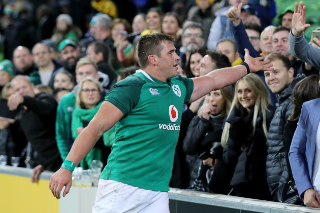 CJ Stander celebrates after the game with fans