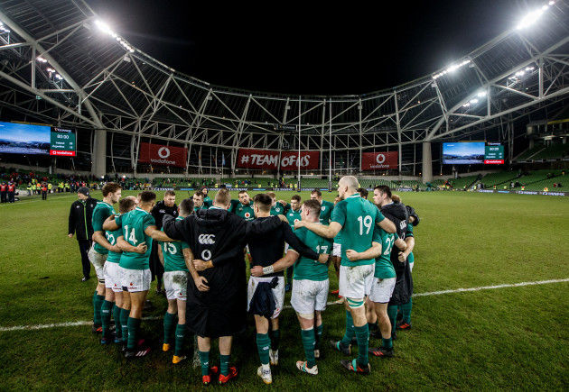 The Ireland team huddle after the game