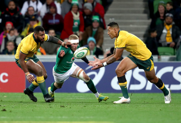 Israel Folau competes for a ball with Keith Earls
