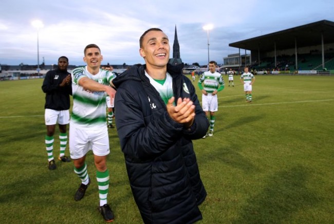 Graham Burke applauds the fans after the game