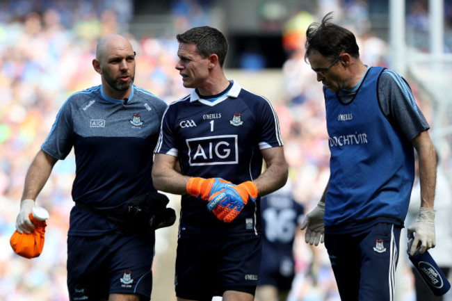 Stephen Cluxton leaves the pitch injured