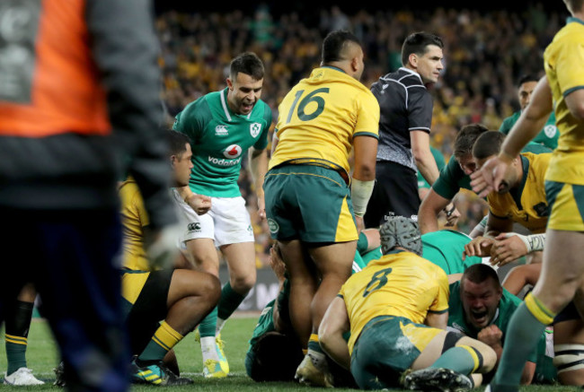 Conor Murray and Jack McGrath celebrate CJ Stander's try