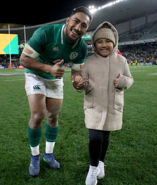 Bundee Aki with his daughter Adrianna after the game