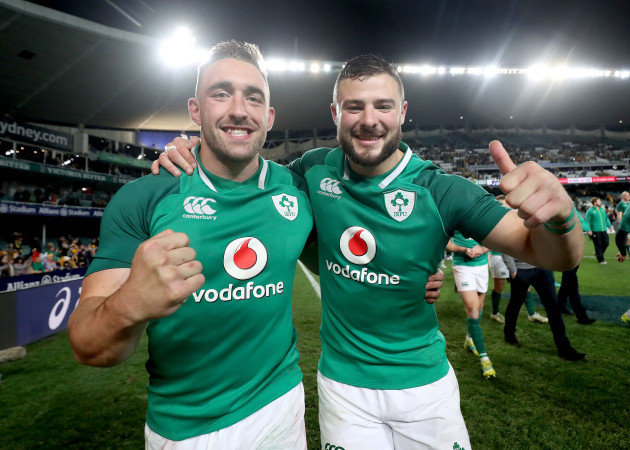 Jack Conan and Robbie Henshaw celebrate after the game