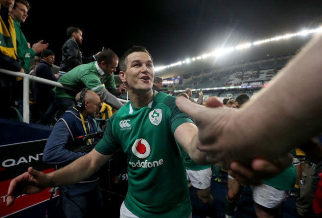 Johnny Sexton celebrates with fans after the game