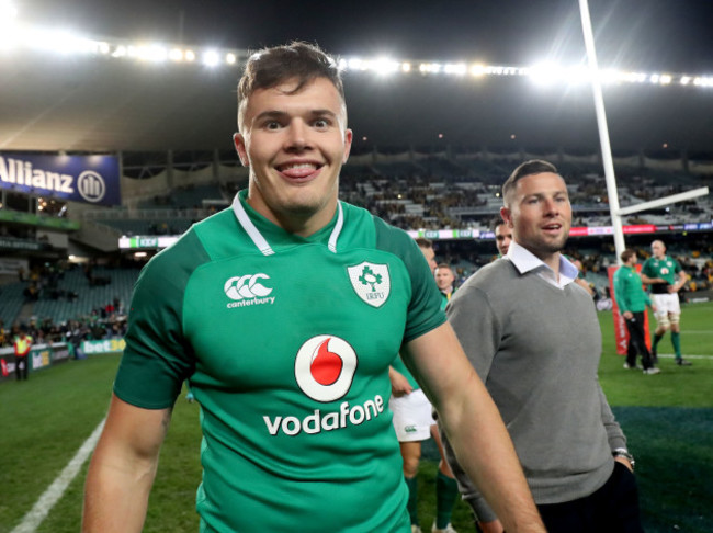 Jacob Stockdale celebrates after the game