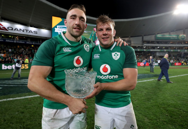 Jack Conan and Jordi Murphy celebrate with the Lansdowne Cup after the game