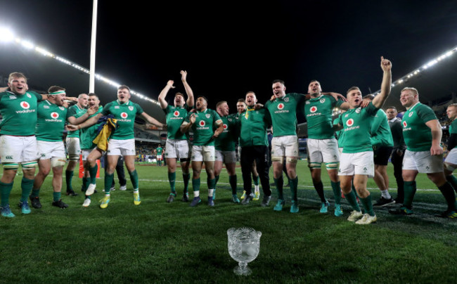 Ireland players celebrate with the Lansdowne Cup after the game