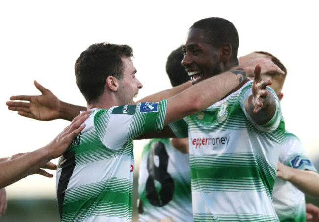 Joel Coustrain celebrates scoring a goal with Dan Carr