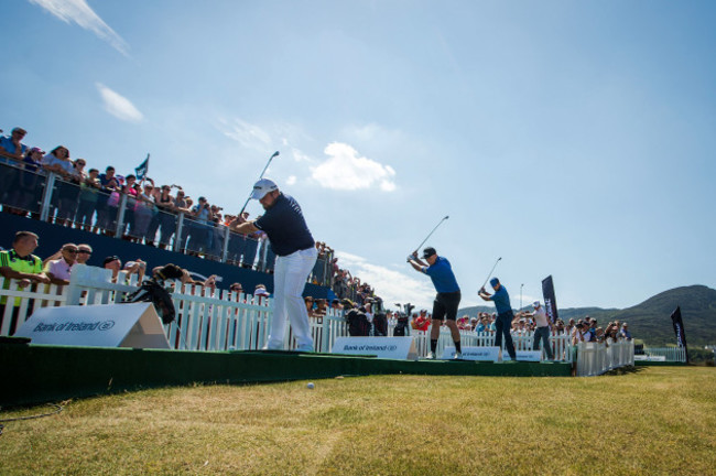 Kieran Donaghy, Michael Murphy, Shane Lowry and Paul Dunne at the GAA Challenge