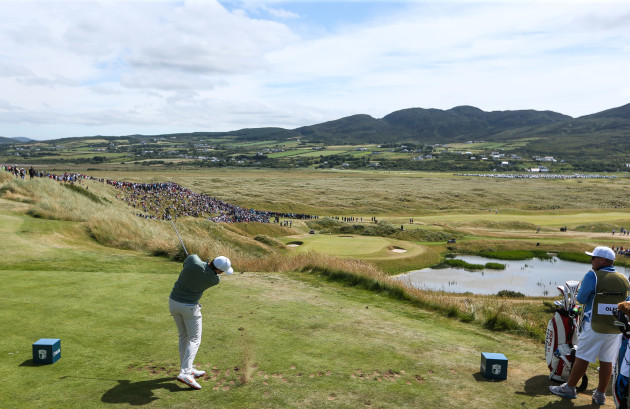 Rory McIlroy tees off at the seventh hole