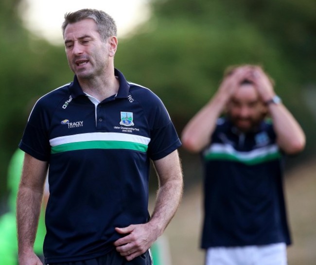 Ryan McMenamin and manager Rory Gallagher react late in the match