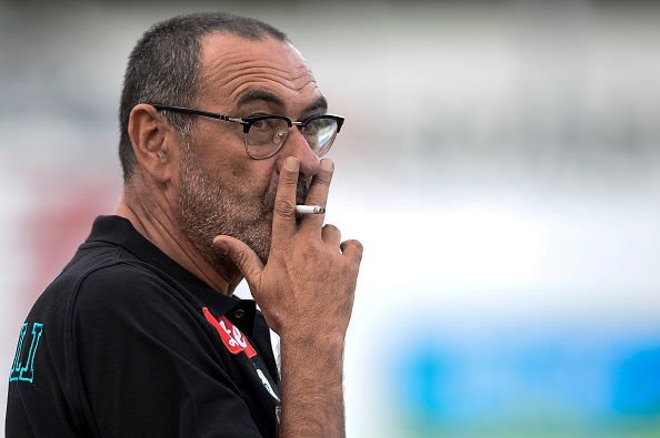 Maurizio Sarri, head coach of SSC Napoli, smokes a cigarette