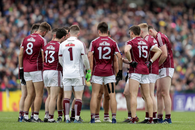 Galway players huddle ahead of the game