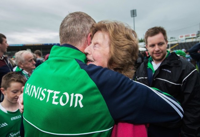 John Kiely celebrates after the game with his mother Breda