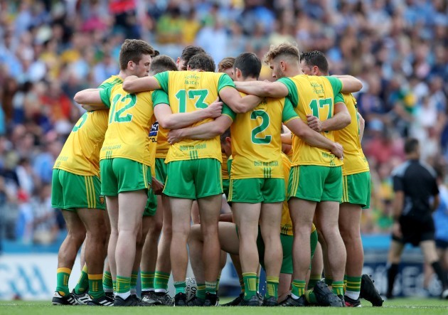 Donegal team huddle before the match