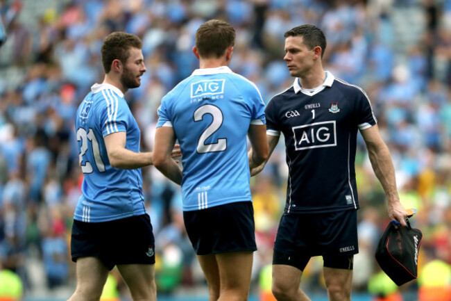 Jack McCaffrey, Michael Fitzsimons and Stephen Cluxton after the game