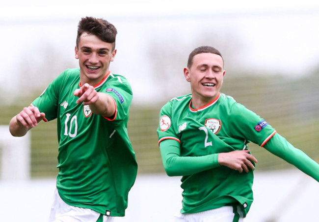 Troy Parrott celebrates scoring their first goal with Max Murphy