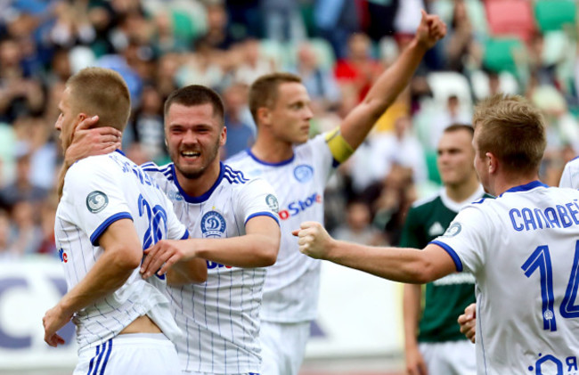 Alyaksandr Sachywka celebrates his goal with teammates