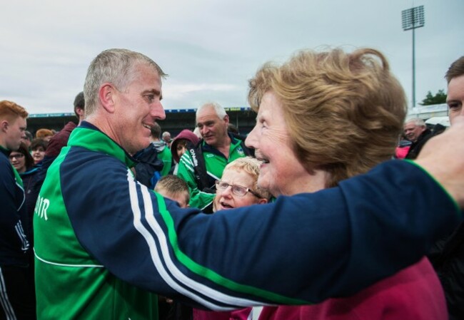 John Kiely celebrates after the game with his mother Breda