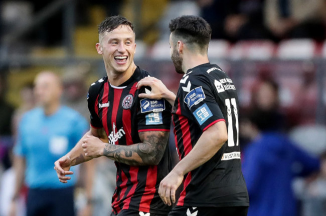 Rob Cornwall celebrates scoring a goal with Kevin Devaney