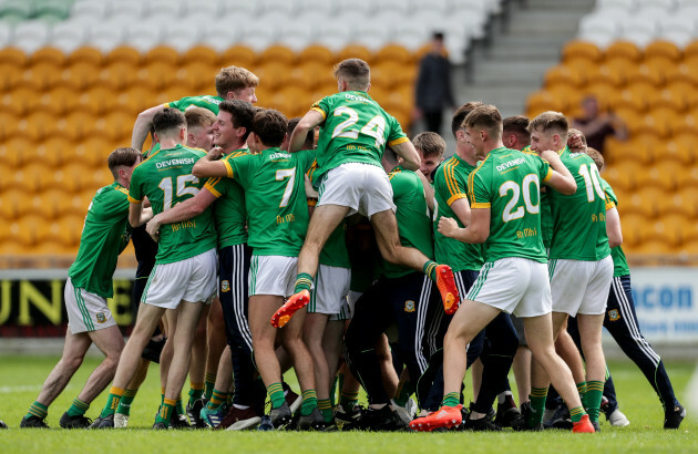 Meath players celebrate after the final whistle