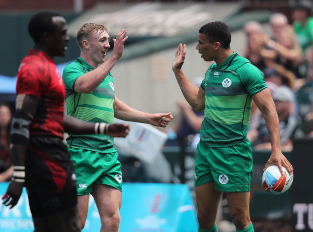 Ireland's Terry Kennedy and Jordan Conroy celebrate a  try