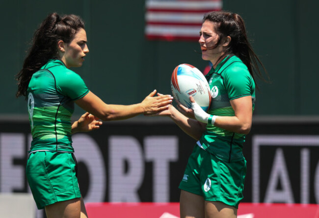Ireland&rsquo;s Amee Leigh Murphy Crowe congratulated by Lucy Mulhall after she scored a try