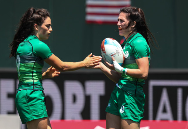 Ireland’s Amee Leigh Murphy Crowe congratulated by Lucy Mulhall after she scored a try