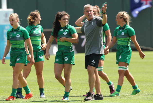 Ireland's Director of Sevens Anthony Eddy with Lucy Mulhall at the end of the match