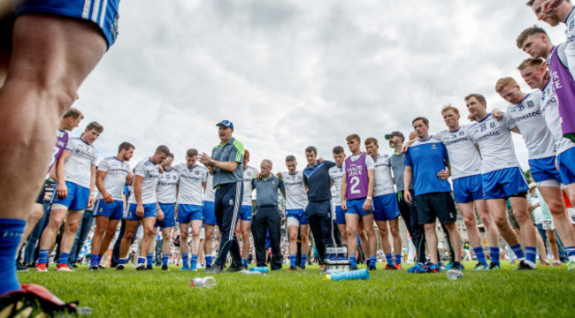 Malachy O'Rourke speaks to his team after the game