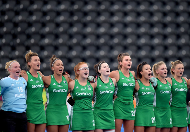 Ireland players stand for the national anthem