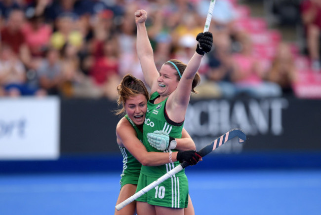 Shirley McCay celebrates her goal with Deirdre Duke